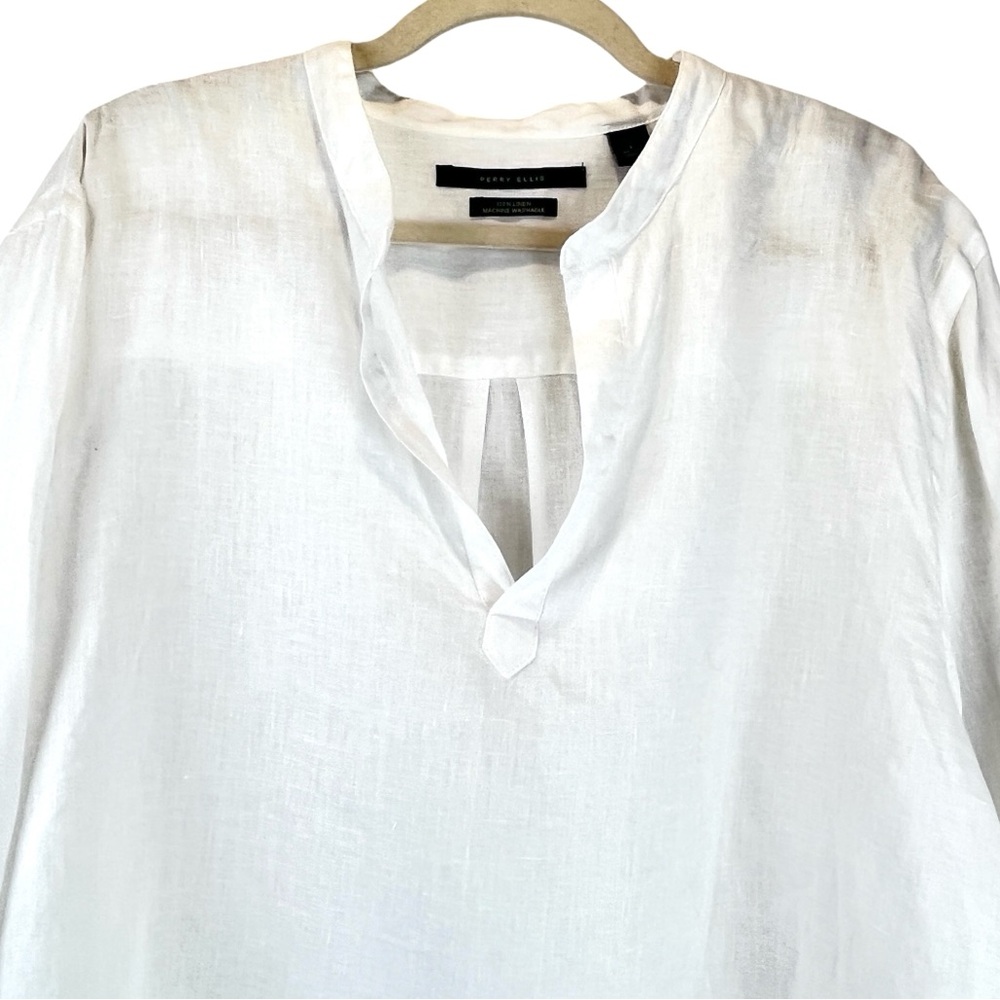 Perry Ellis 100% Linen Tunic Top Long Sleeves White Breezy Sz L - Picture 4 of 9